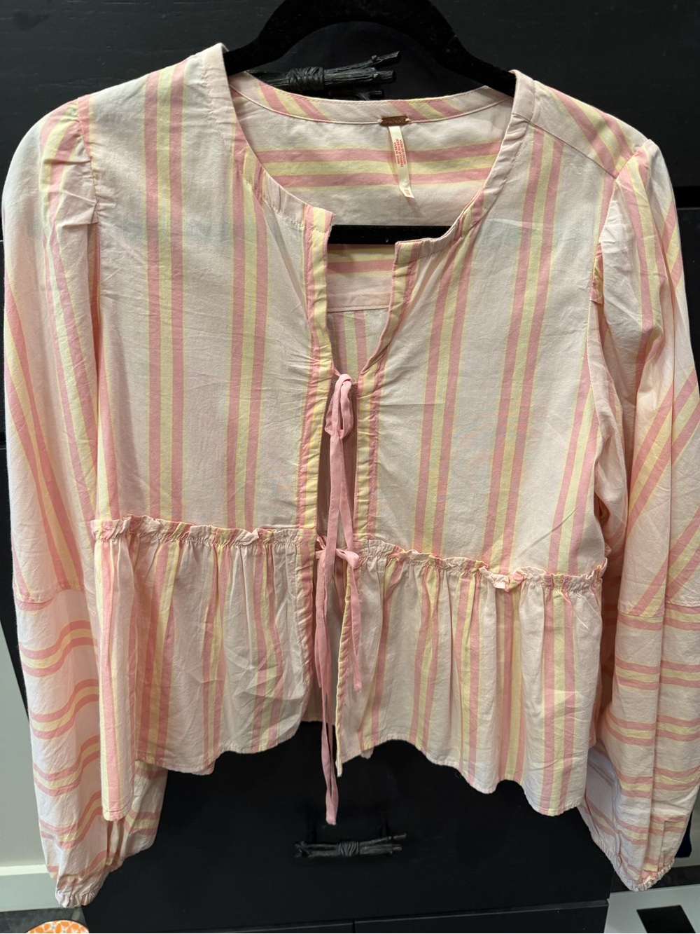 Free People Pink and Cream Striped Tie-Front Peplum Tunic